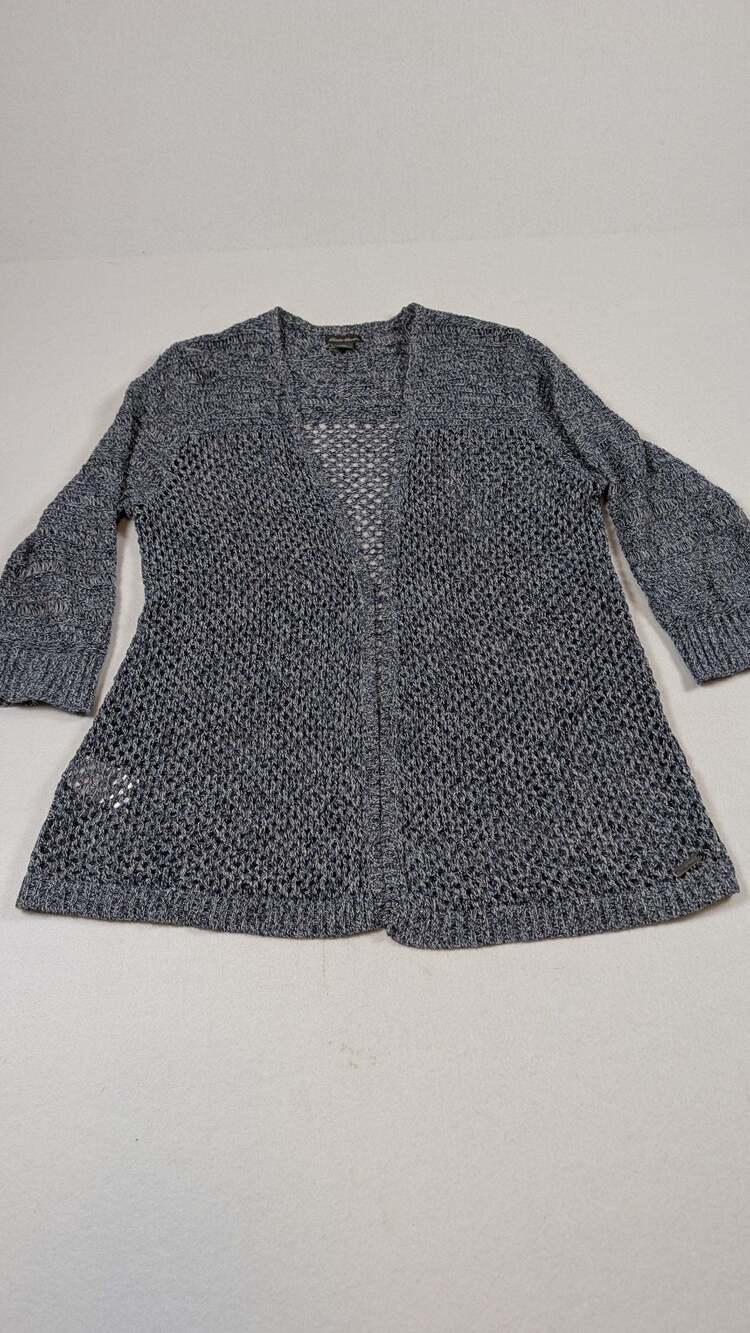 Eddie Bauer Women's Cardigan Size L Blue & White Knit Open Front Sweater Top